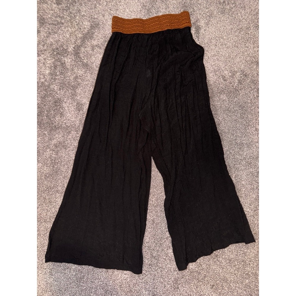 Women's Black Wide Leg Pants with Brown Woven Belt - Picture 6 of 6